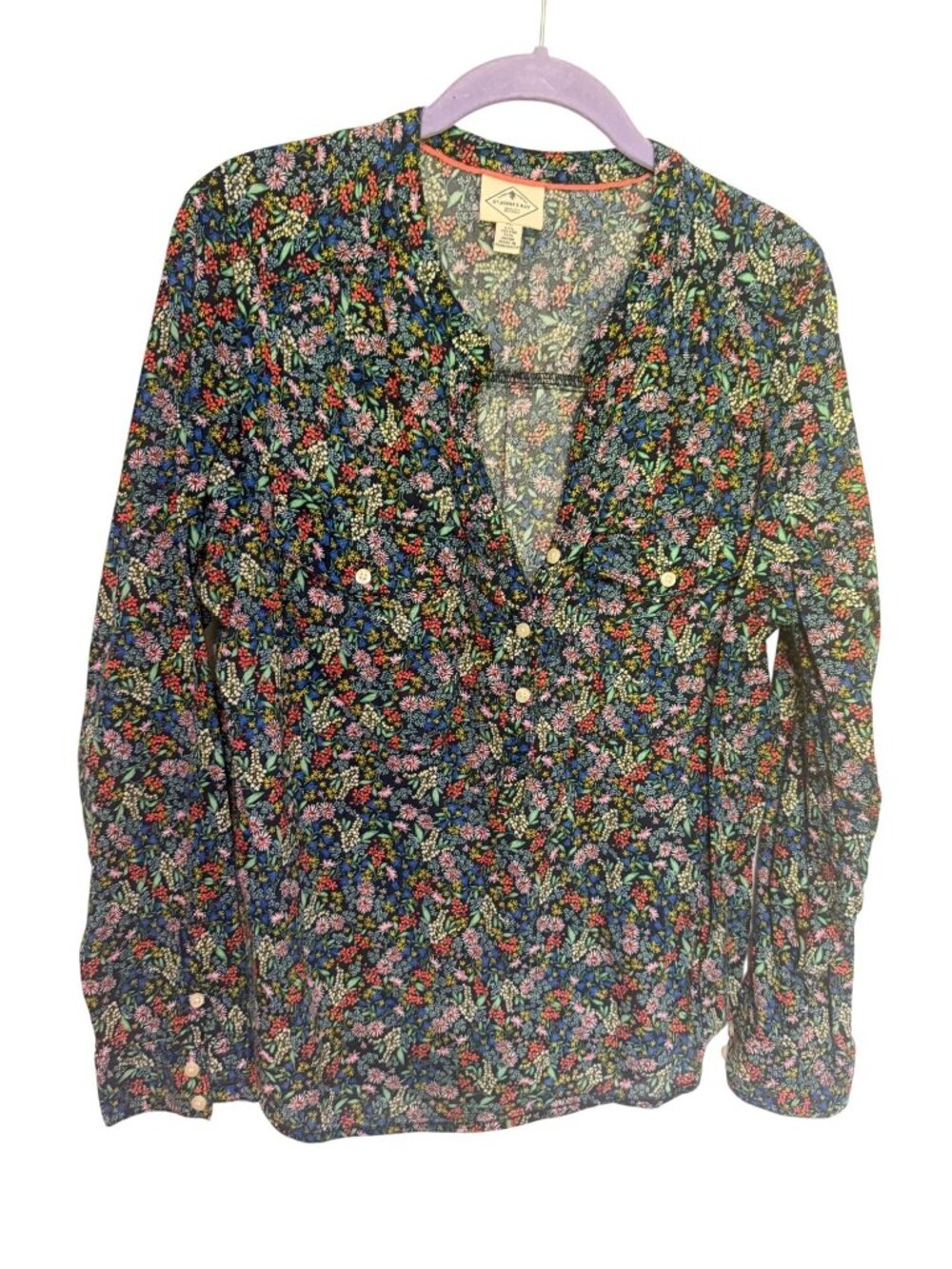 St John's Bay Blouse Button Up Shirt Black with Multi floral Womans PL
